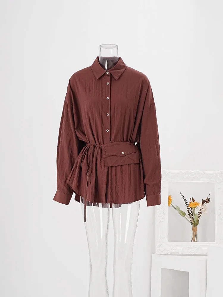 Pre Order:  Waist Bag Tie Loose Button Up Blouse