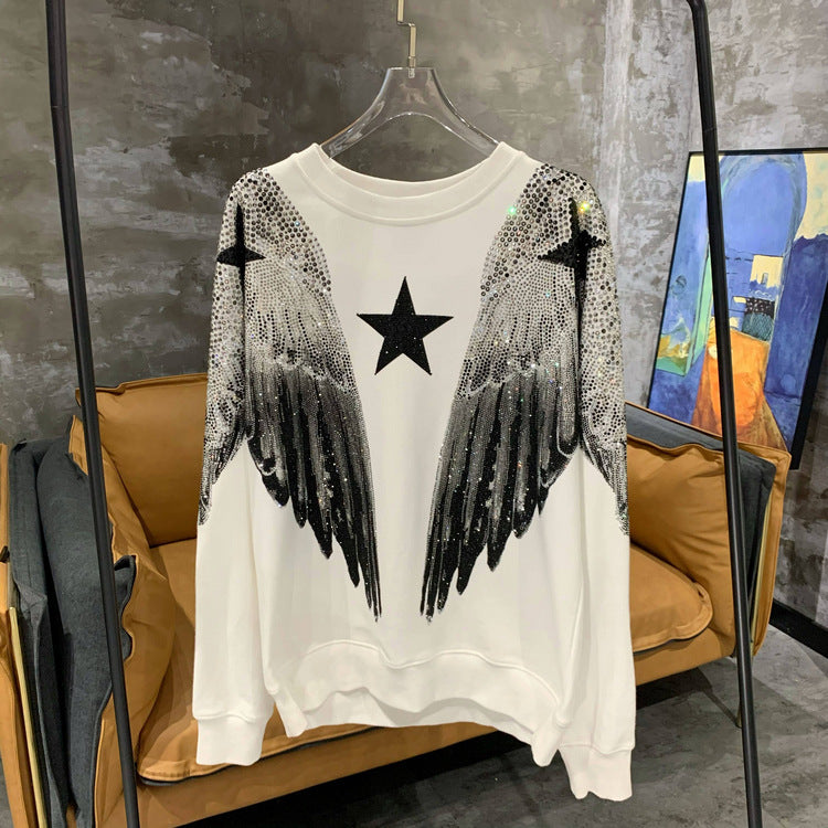 Pre Order:  Hot Stamping Diamond Large Wings Round Neck Sweatshirt