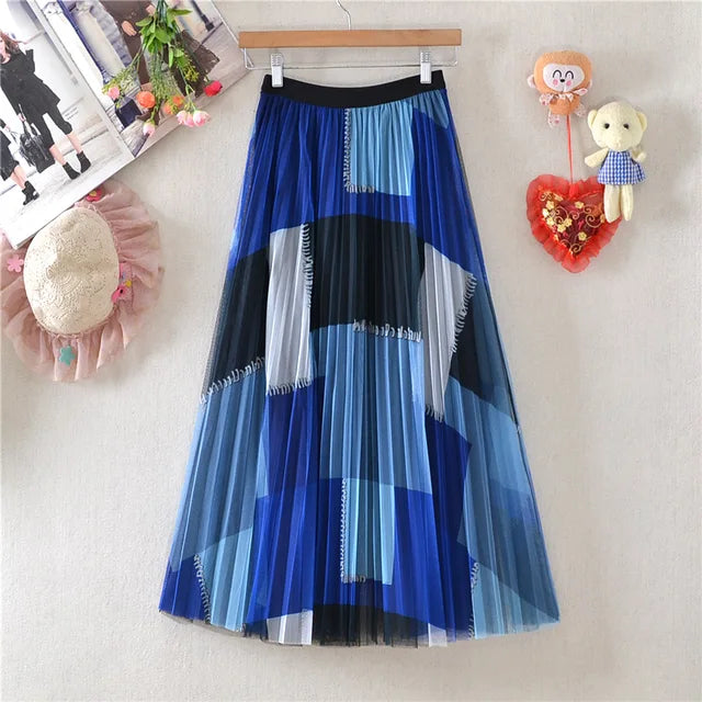 Pre Order:  Patchwork Pleated Mesh A-line Skirt