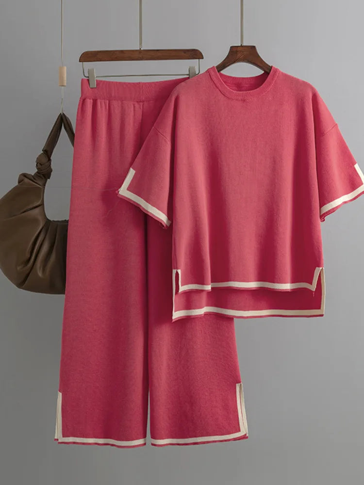 Round Neck Short Sleeve Loose Top + High Waist Pants