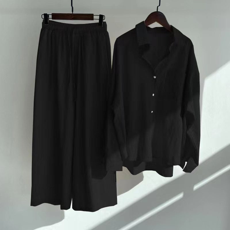 Solid Long Sleeved Shirt + High Waisted Loose Pants