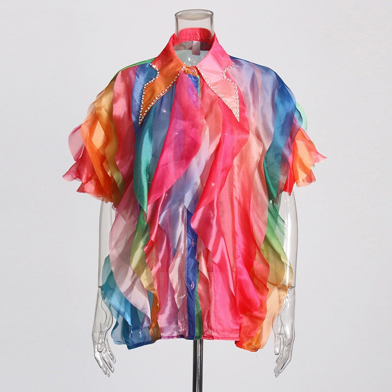 Pre Order:  Layered Ruffle Diamond Lapel Short Sleeve Shirt