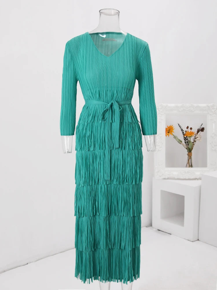 Pre Order:  Solid Pleated Fringe Dress