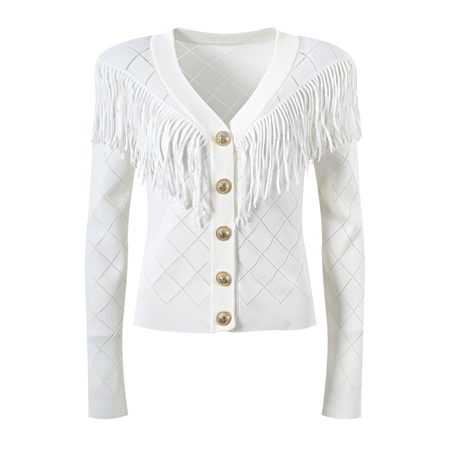 Diamond Grid V-Neck Tassel Slim Fit Cardigan