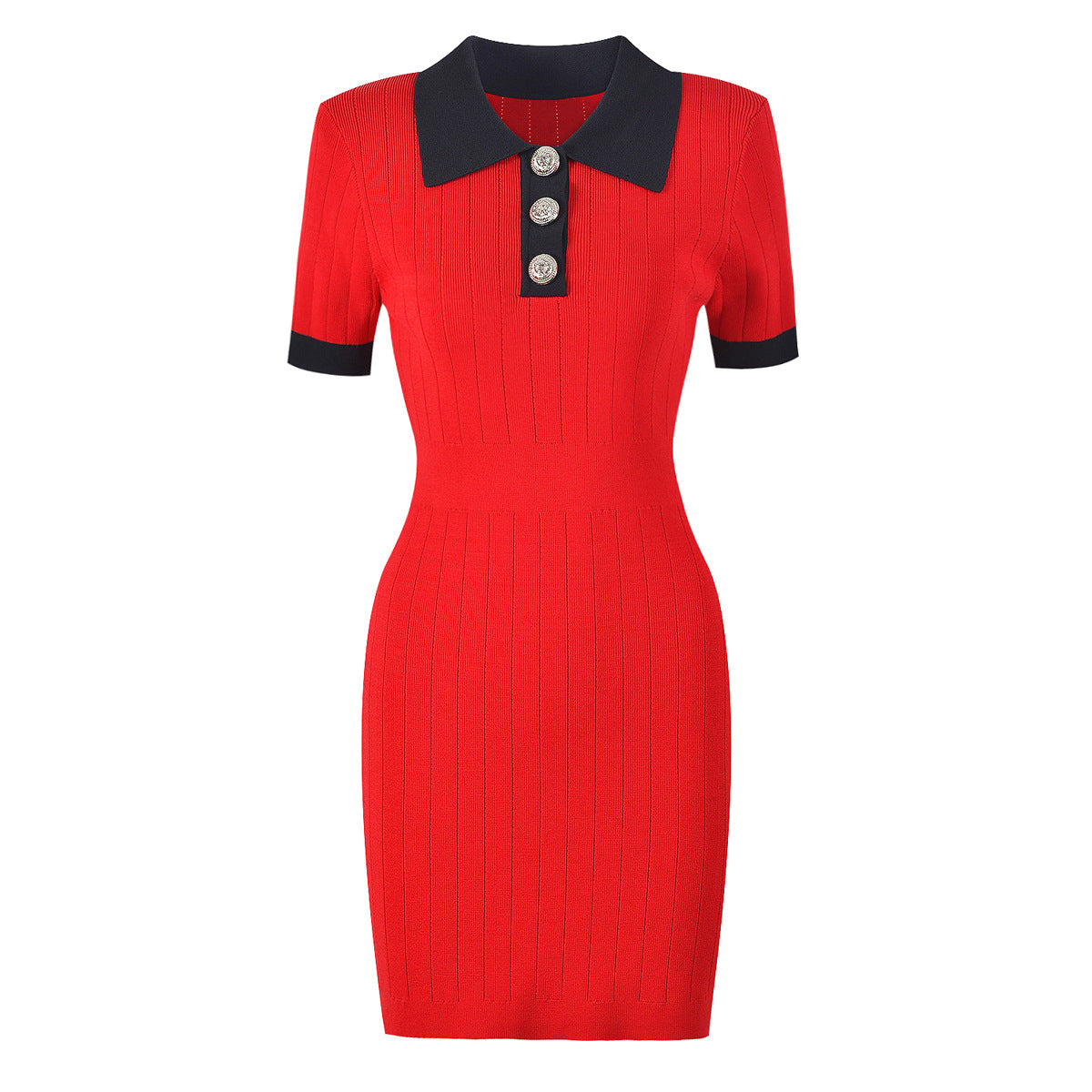 Pre Order:  Knitted Collar Slim Fit Short Sleeved Dress