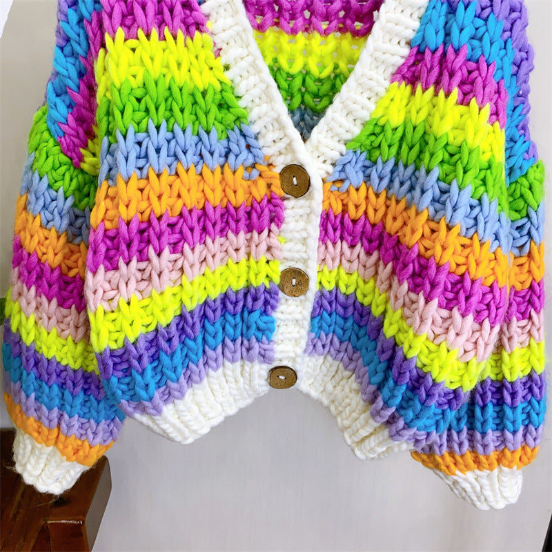 Hand Woven Rainbow Striped Cardigan