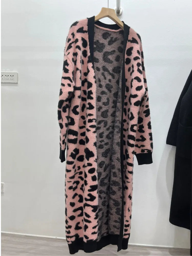 Pre Order: Animal Print Thick Long Loose Knit Cardigan