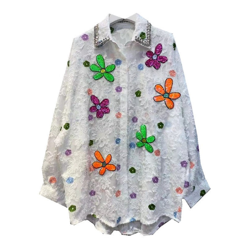 Sequin Flower Loose Long Sleeve Thin Shirt