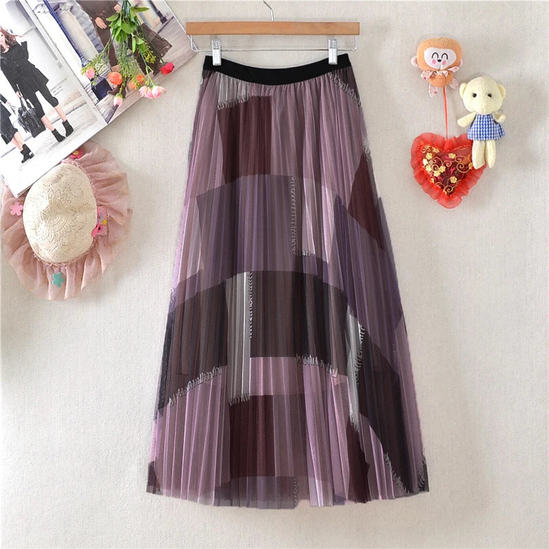 Pre Order:  Patchwork Pleated Mesh A-line Skirt