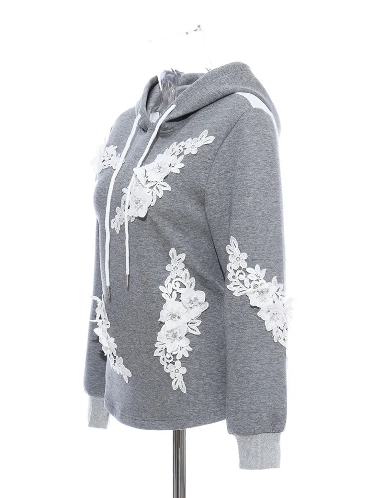 Pre Order:  Lace Patchwork Long Sleeve Gray Hoodie