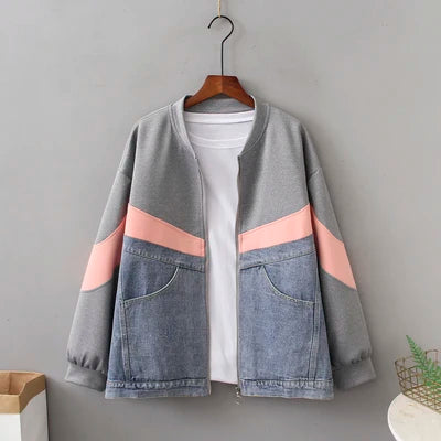 Pre Order:  Denim Spliced Cotton Zip-Up Jacket