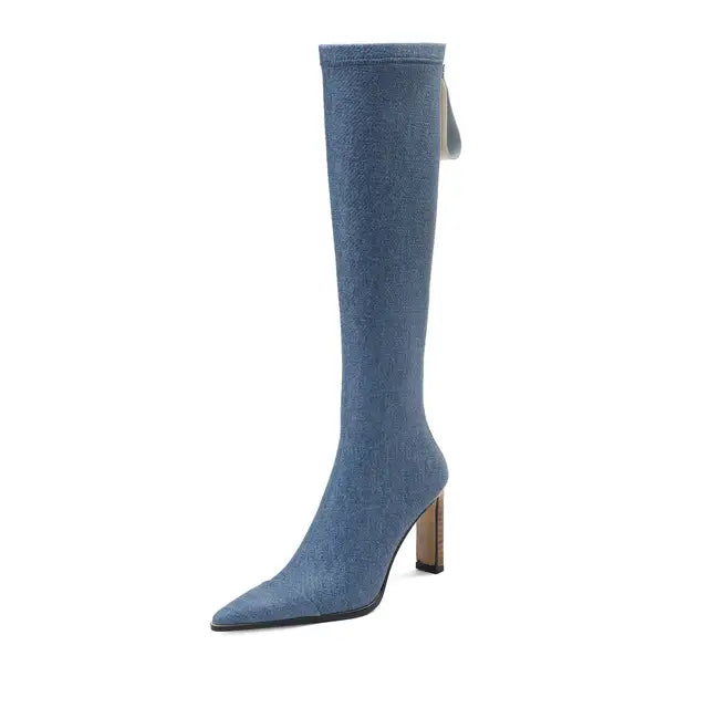 Denim Back-Zip High Heels Boots