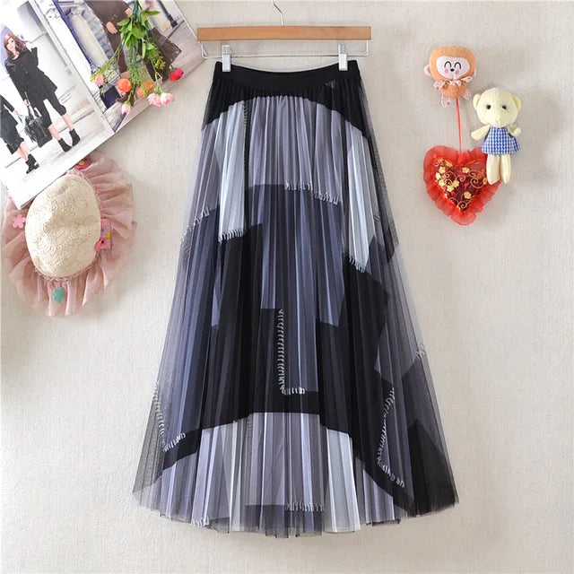 Pre Order:  Patchwork Pleated Mesh A-line Skirt