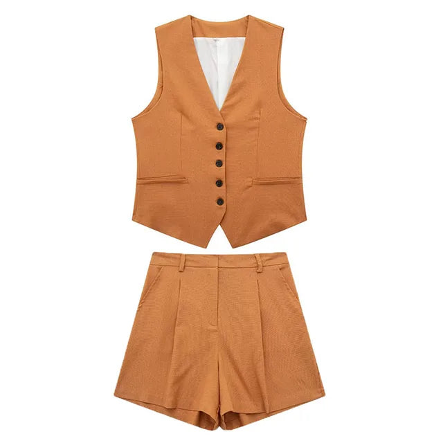 Pre Order:  Solid Button Sleeveless Linen Vest + Shorts Set