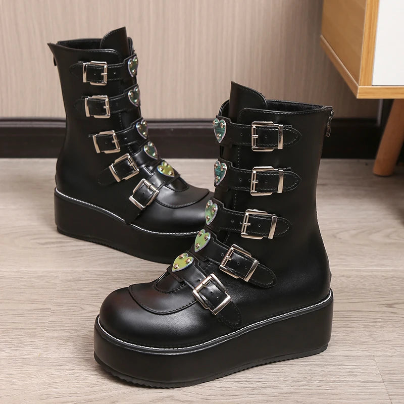 Pre Order:  Buckles Goth Platform Motorcycle Boots