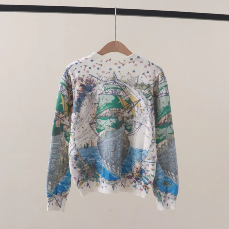 Pre Order:  Art Print Sailboat Retro Round Neck Knitted Sweater