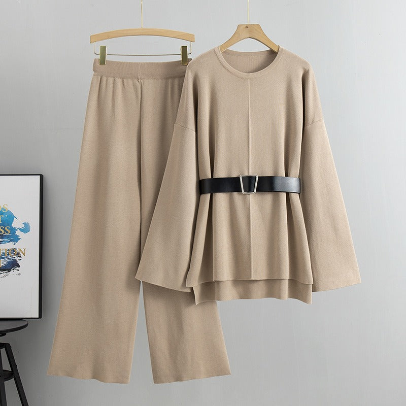 Pre Order: Knitted Loose Belted Sweater + Wide Leg Pants Set