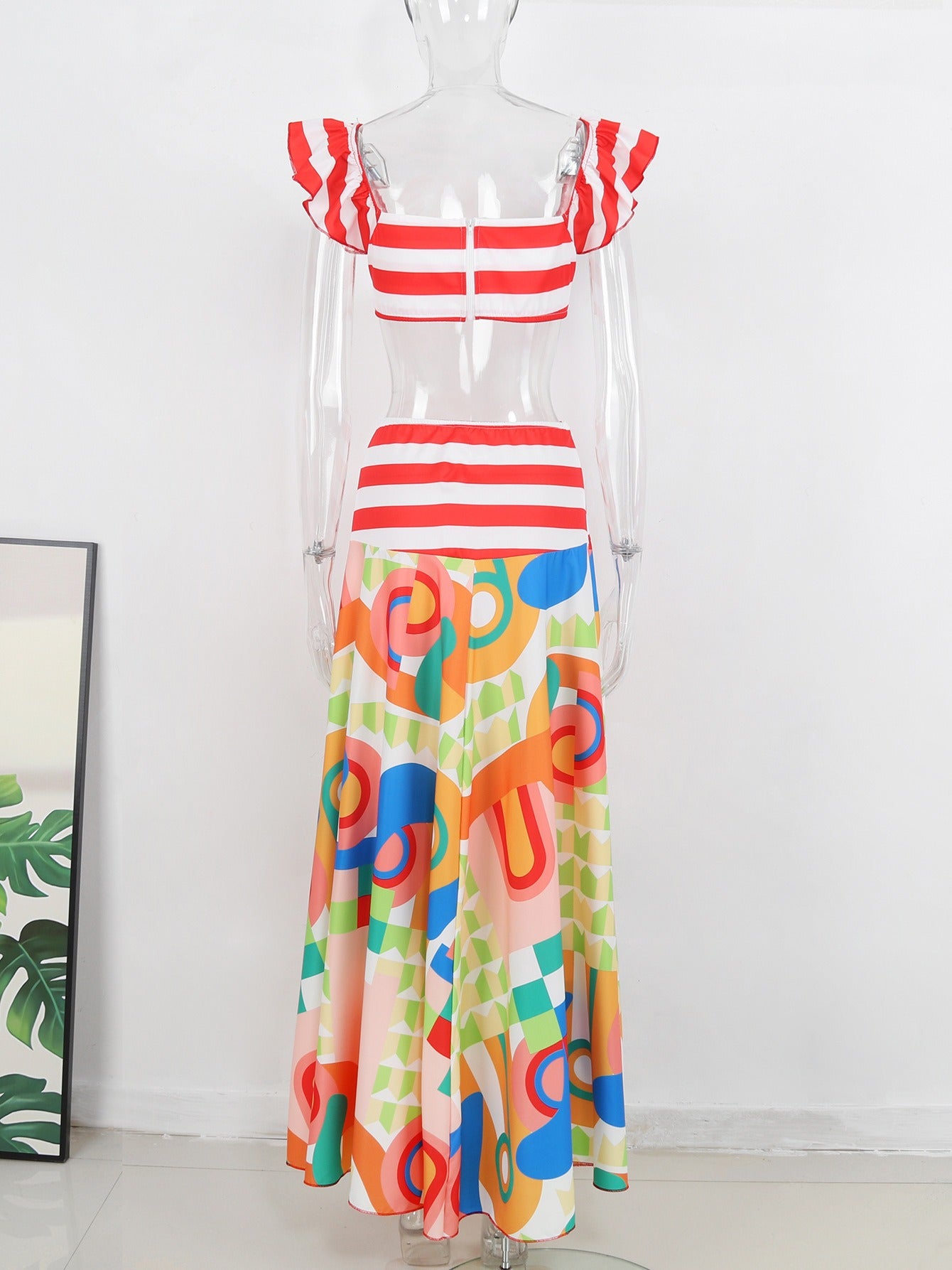 Pre Order:  Red Stripes Printed Cropped Top A-Line Skirt 2-Piece Set