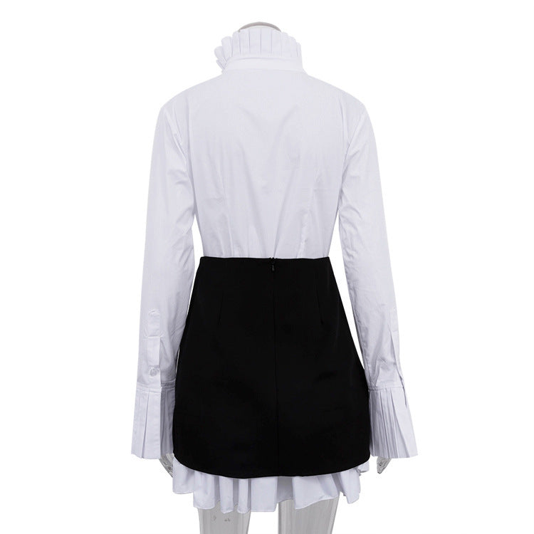 Pre Order:  Retro Flared Sleeves Pleated Stand Collar Shirt + Skirt Set