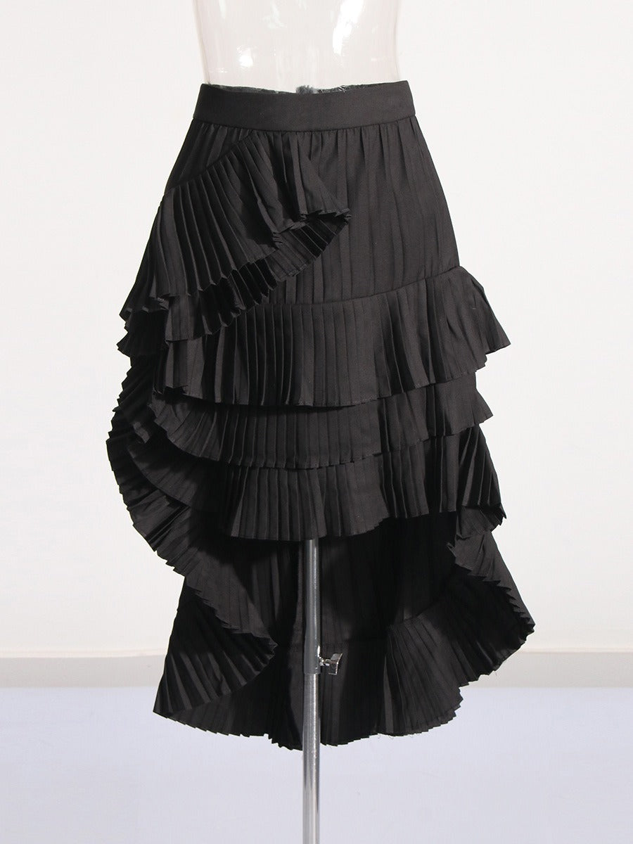 Pre Order:  Solid Pleated Ruffled Edge High Waist Skirt