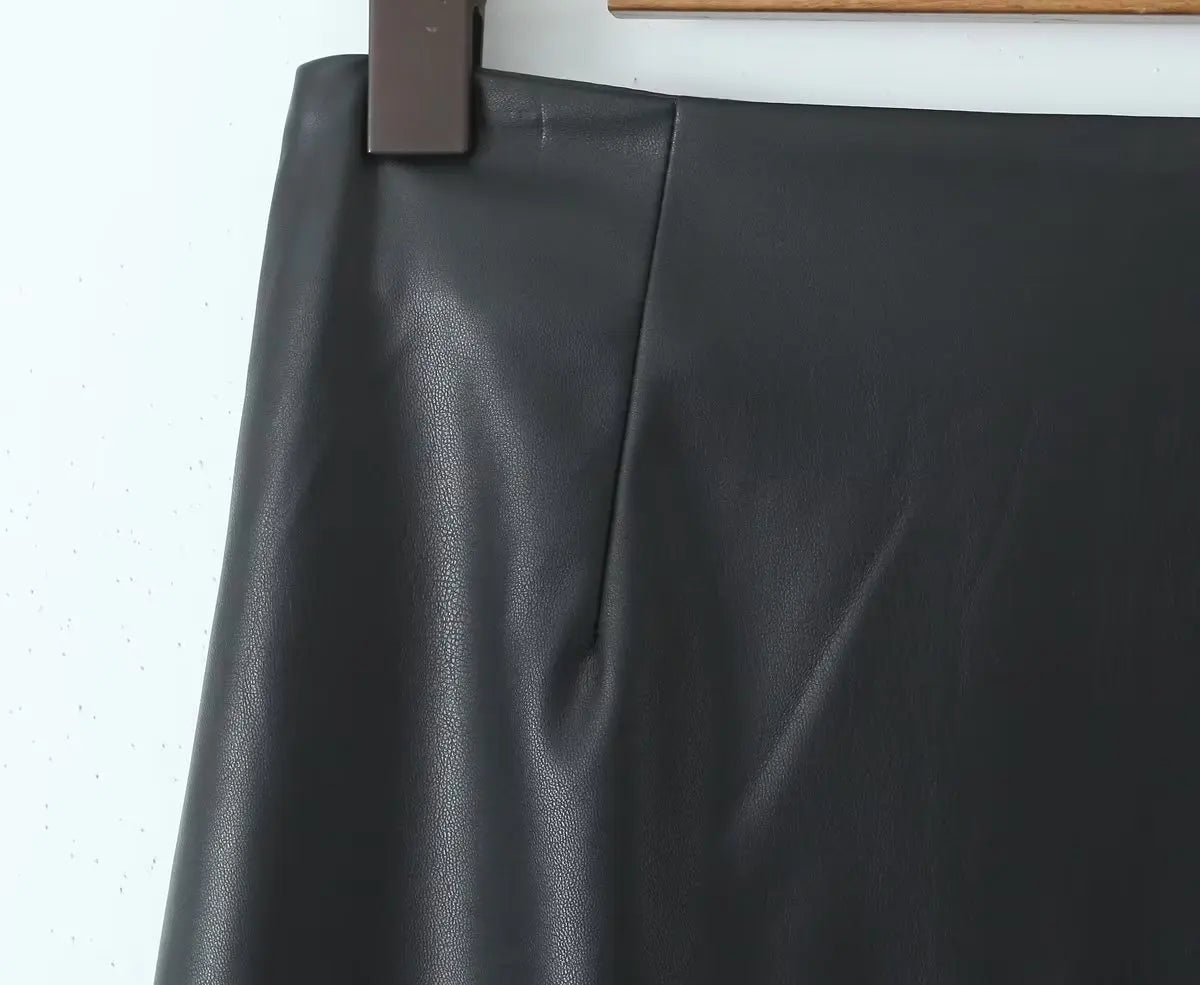 Pre Order:  Black Faux Leather Back Split Skirt