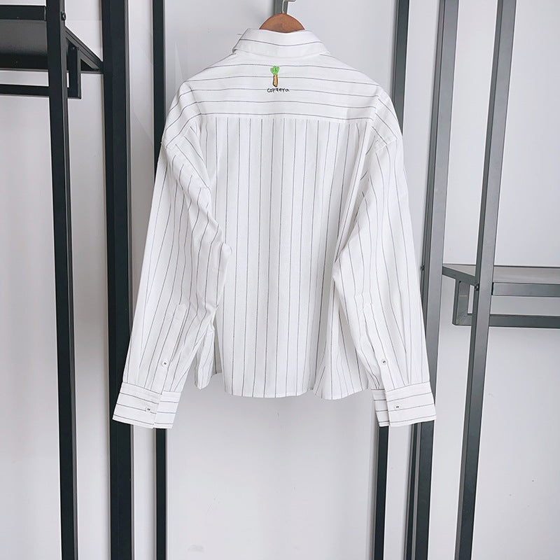 Pre Order:  Striped Long Sleeve Embroidered Loose Shirt