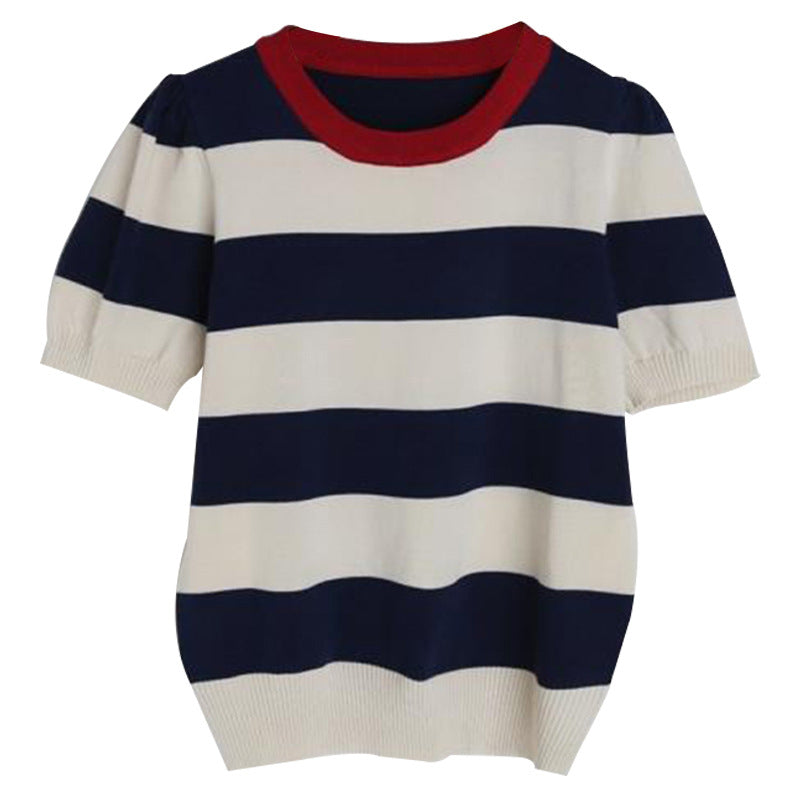 Pre Order:  Striped Short Sleeve Round Neck Knitted T-Shirt