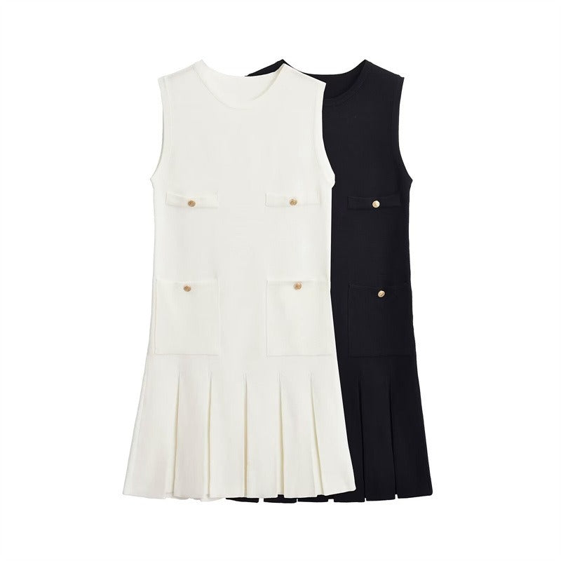 Pre Order: Knit Wide Pleated Button Mini Dress