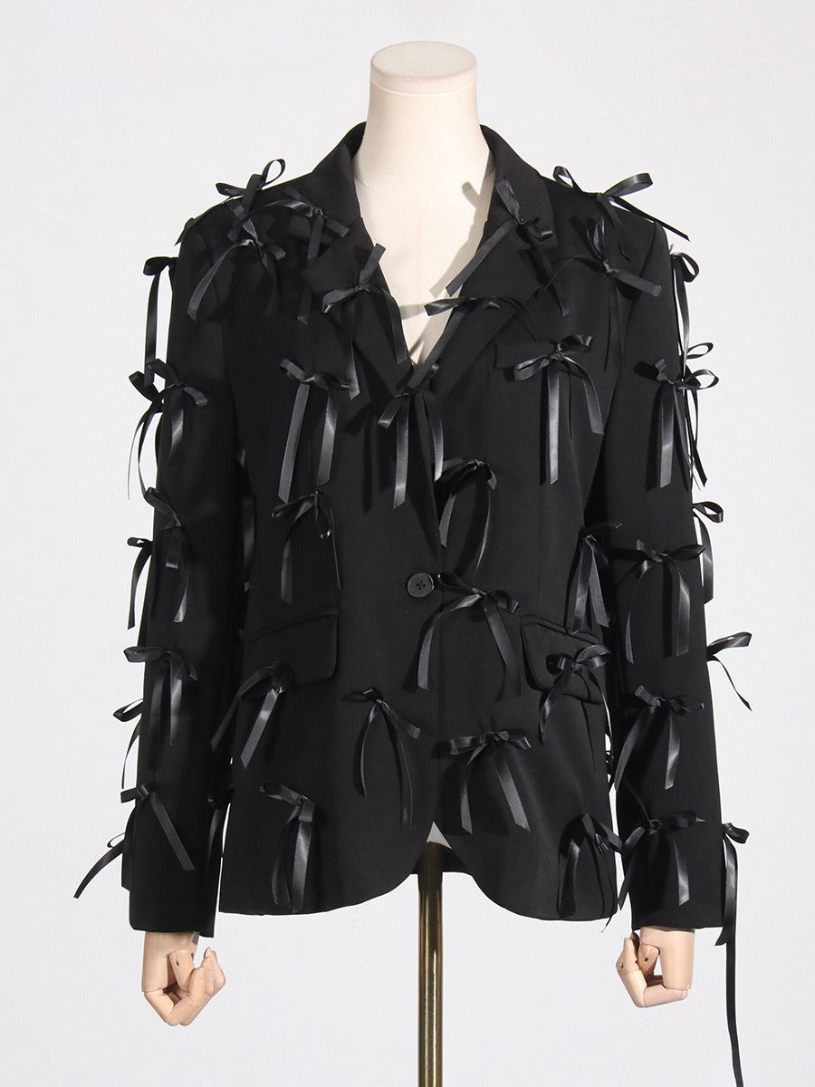 Pre Order:  Spliced V-Neck 3D Bow Long Sleeved Blazer Jacket