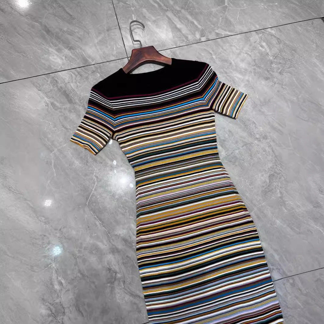 Pre Order:  Color Stripes Round Neck Short Sleeved Knitted Dress