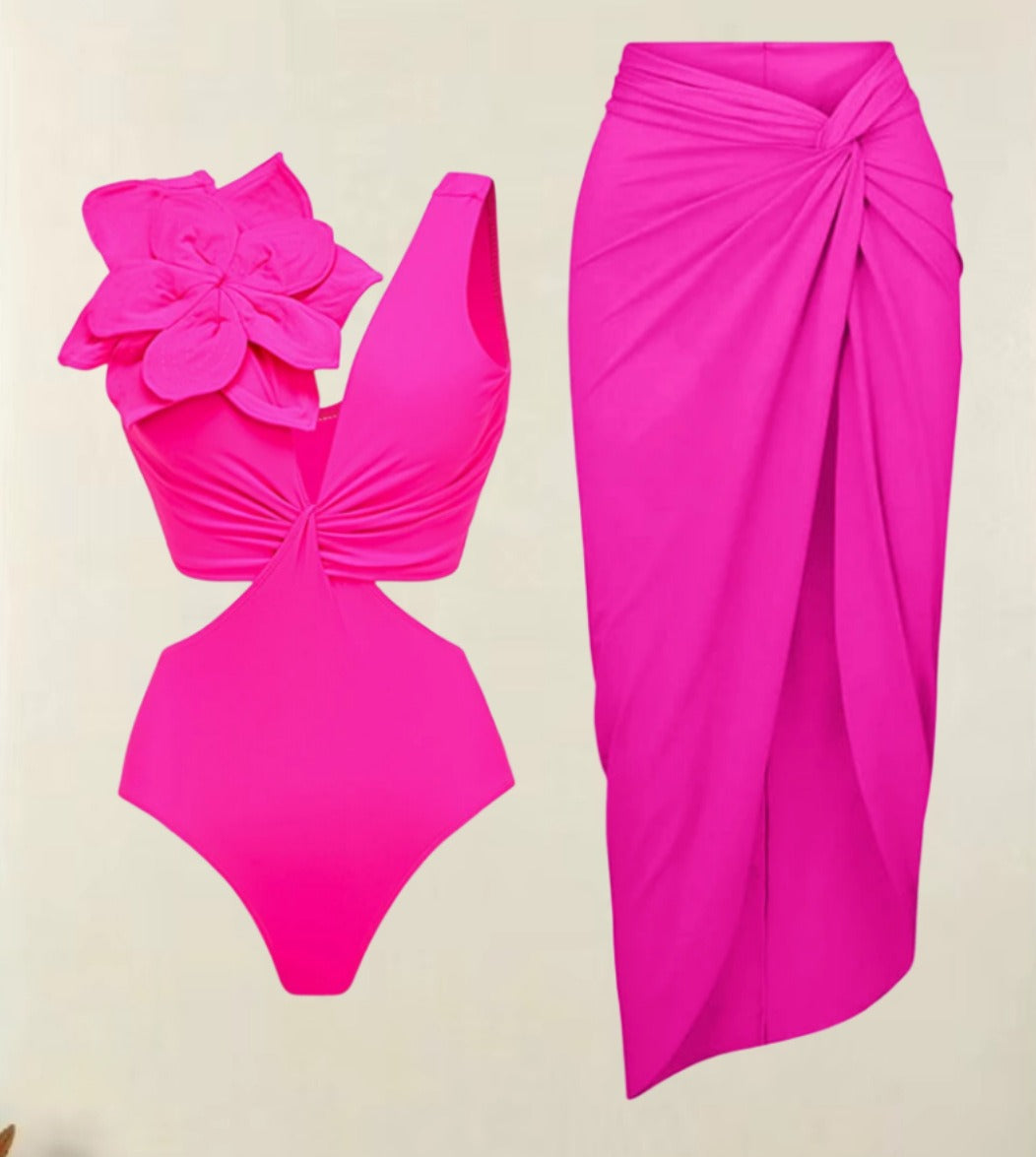 3D Flower Ruffle One-Piece Swimsuit + Cover Up Sets