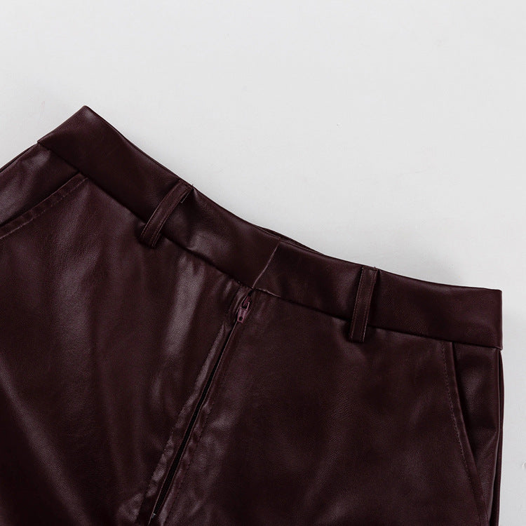 Pre Order: Vintage Burgundy Faux Leather Tie Waist Jacket + Pants Set