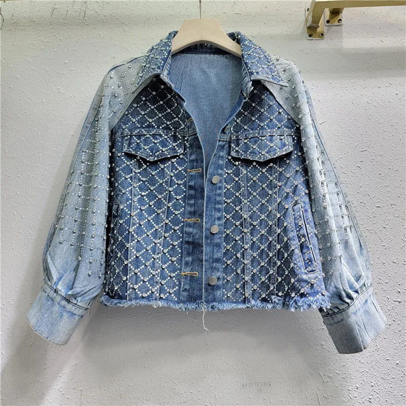 Pre Order:  Patchwork Hot Drilling Diamond Retro Washed Denim Jacket