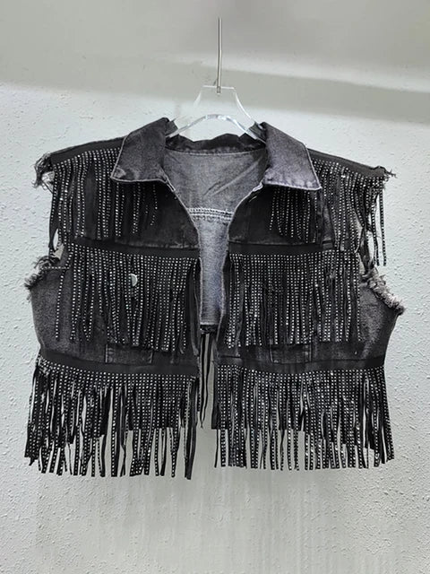 Pre Order:  Slimming Solid Casual Fringe Short Denim Vest