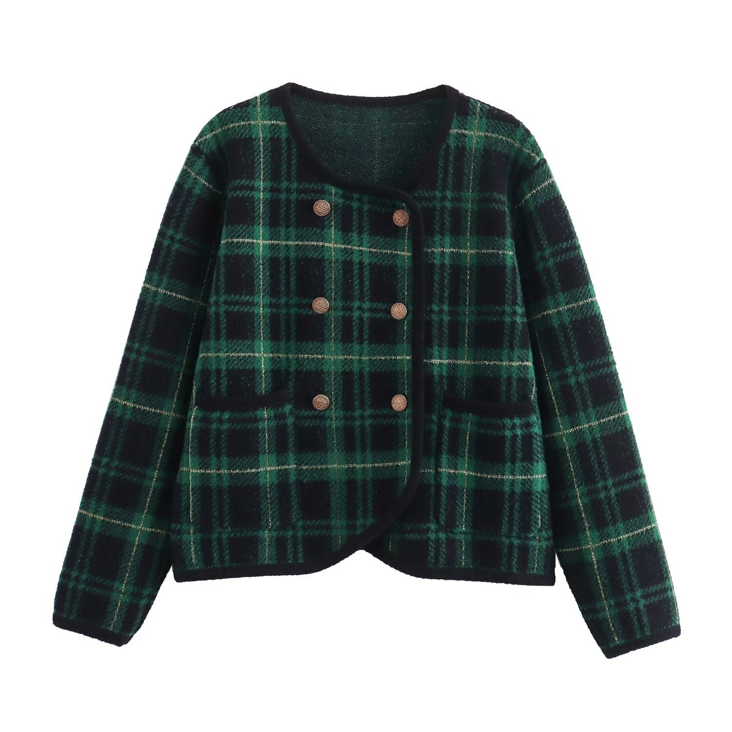 Pre Order: Green Checkered Double Breasted Knitted Cardigan