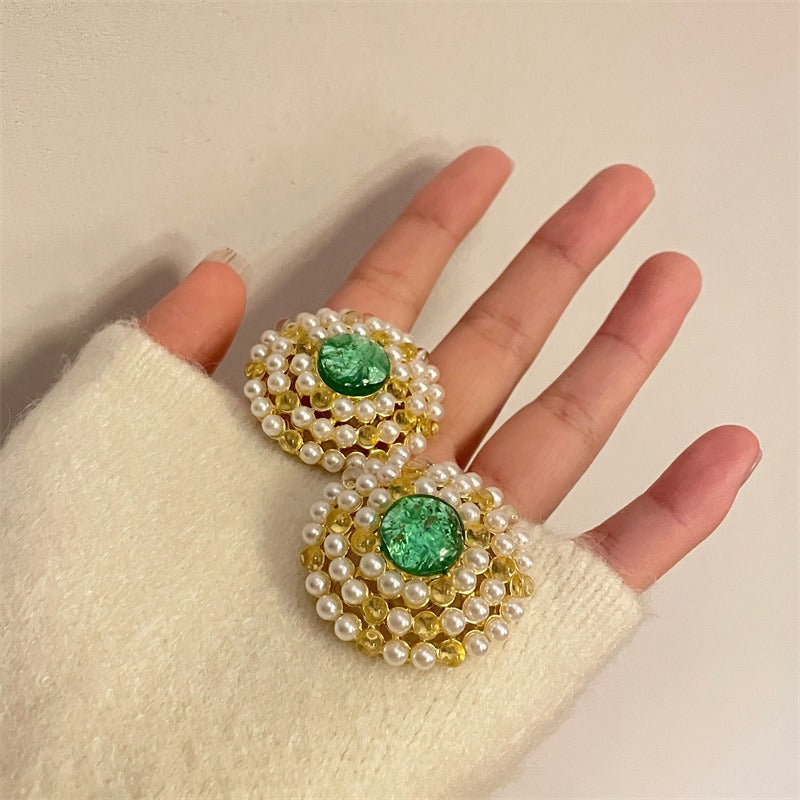 Large Round Pearl Green Stone Earrings