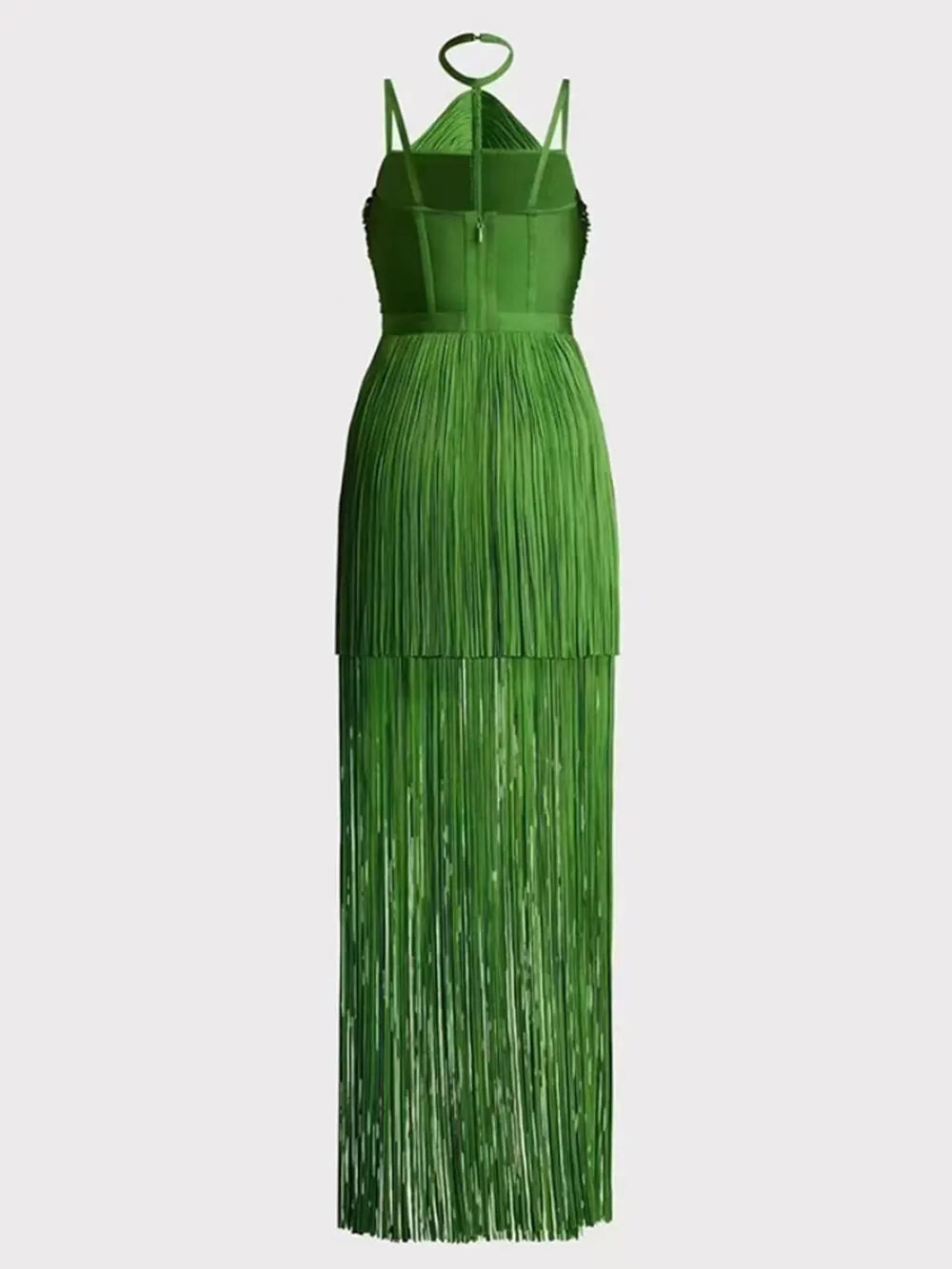 Pre Order:  Green Halter Neck Fringe Tassel Dress