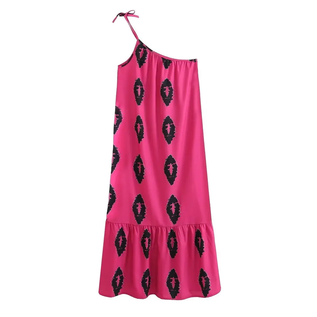 Pre Order:  Asymmetric Neckline Printed Midi Dress