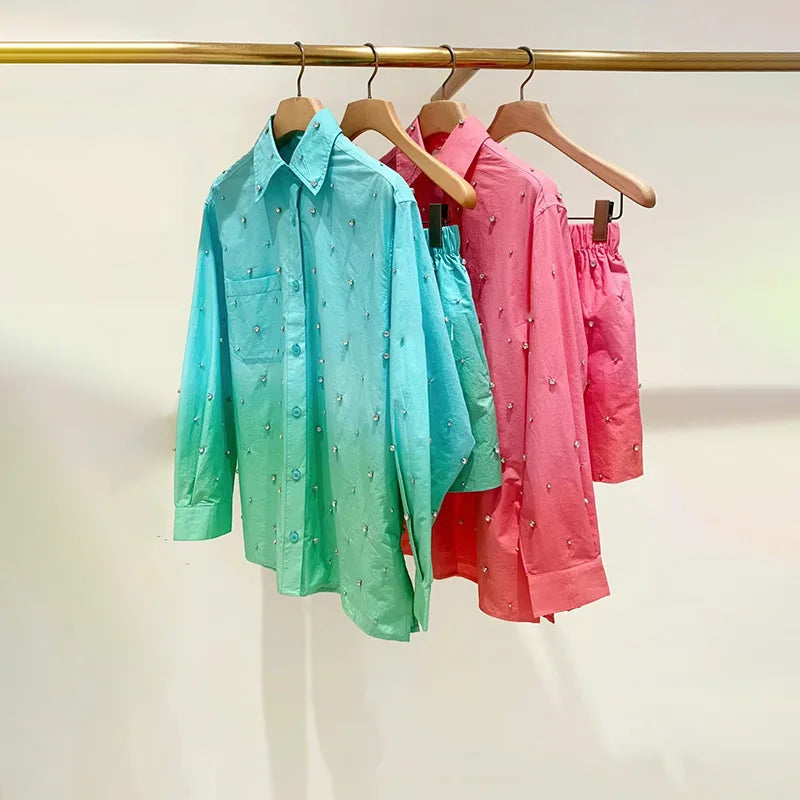 Pre Order:  Rhinestone Gradient Color Shirt + Shorts Set