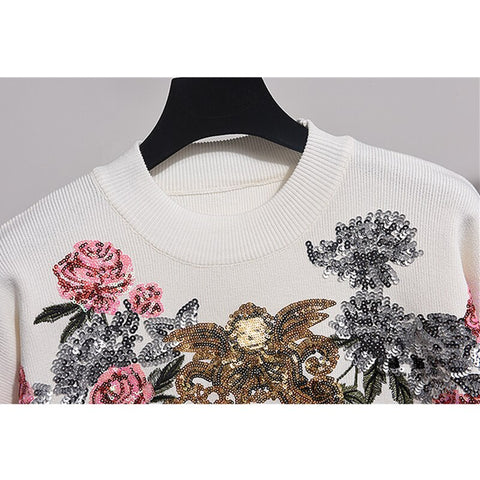 Floral Knit Sequin Tracksuit Set