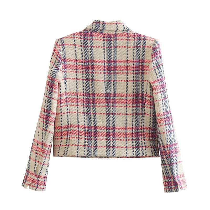 Pre Order:  Pink Plaid Cardigan Long Sleeves Blazer