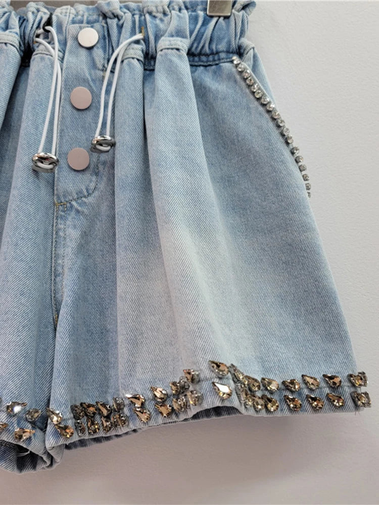 Pre Order:  Diamond Studded High Waist Wide Leg Denim Shorts