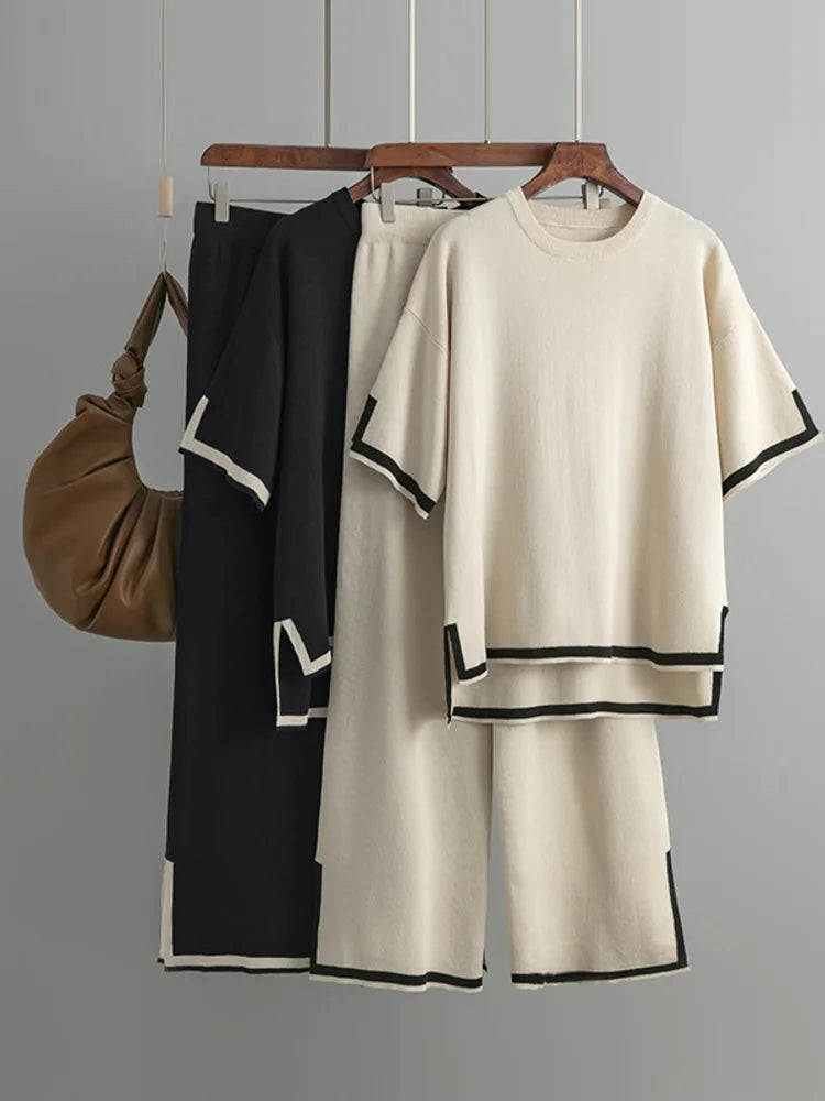 Round Neck Short Sleeve Loose Top + High Waist Pants