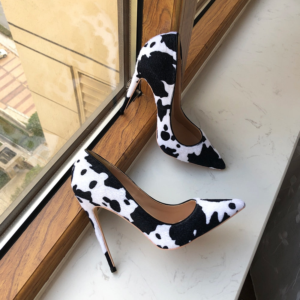 Pre Order:  White Flock Pointed-Toe Cow Printed Shoes