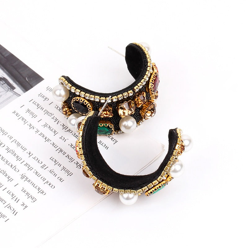 Pre Order:  Rhinestones Faux Pearls C-Hoop Earrings