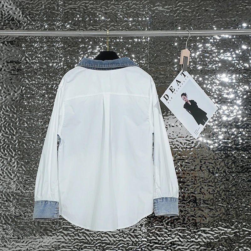 Pre Order:  Denim Patchwork White Long Sleeve Collar Shirt