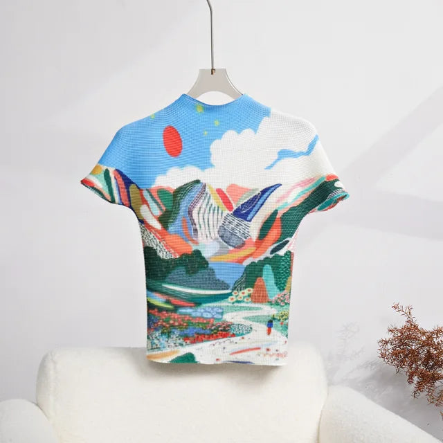 Pre Order:  Landscape Art Top+Skirt Plisse Set