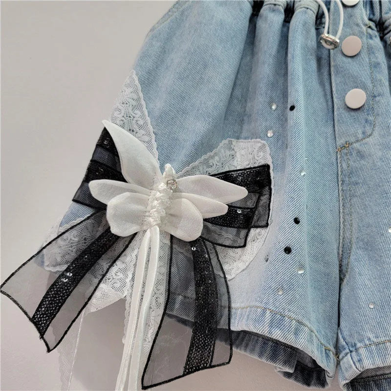 Pre Order: Hot Stamping 3D Butterfly Bow Wide Leg Denim Shorts