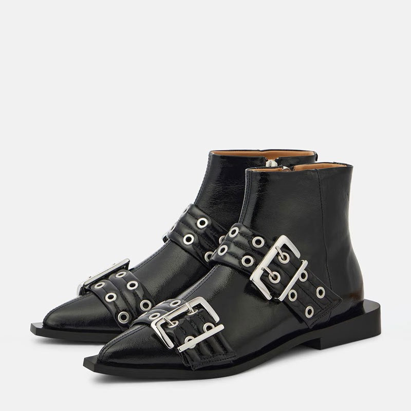 Pre Order:  Pointed Toe Thick Heel Belt Buckle Short Boots