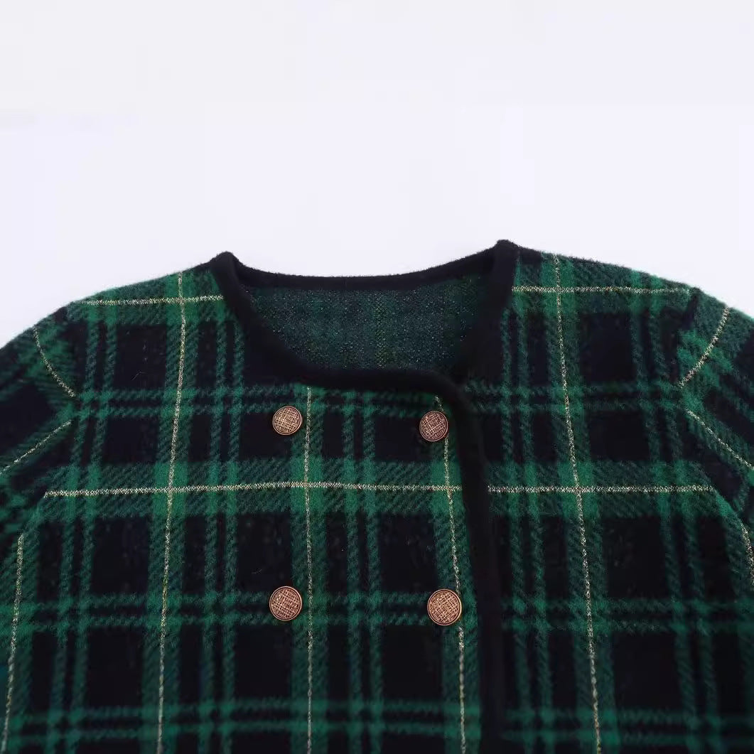 Pre Order: Green Checkered Double Breasted Knitted Cardigan